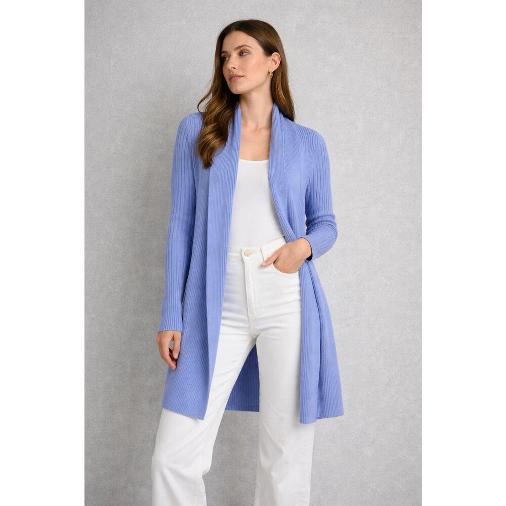LL‎ Bean Shawl Collar Cardigan Sweater Lg Blue Ribbed Knit Long Quiet Luxury